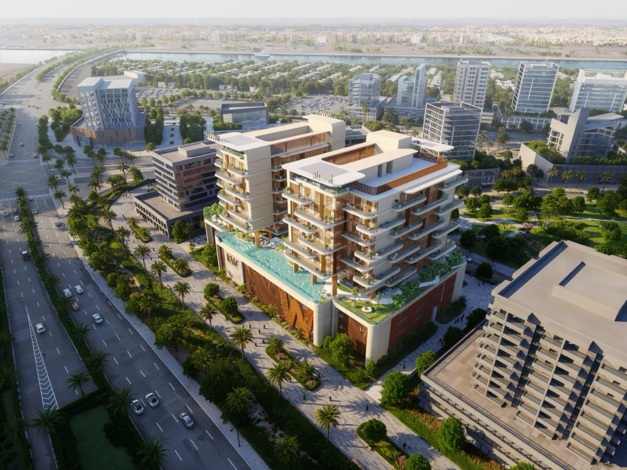 Aerial view of Kaia Residences and its pool deck on Dubai Islands